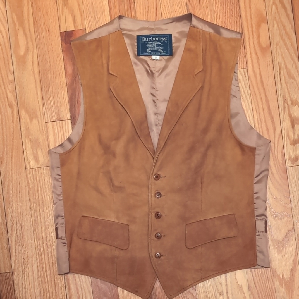 Men's Vintage Burberrys' Camel Suede Vest With Lapels - Small